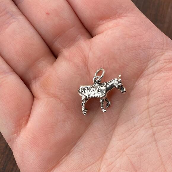 Vintage 925 Sterling Silver "Democrat" Donkey Political Party Pendant Charm - Picture 1 of 5